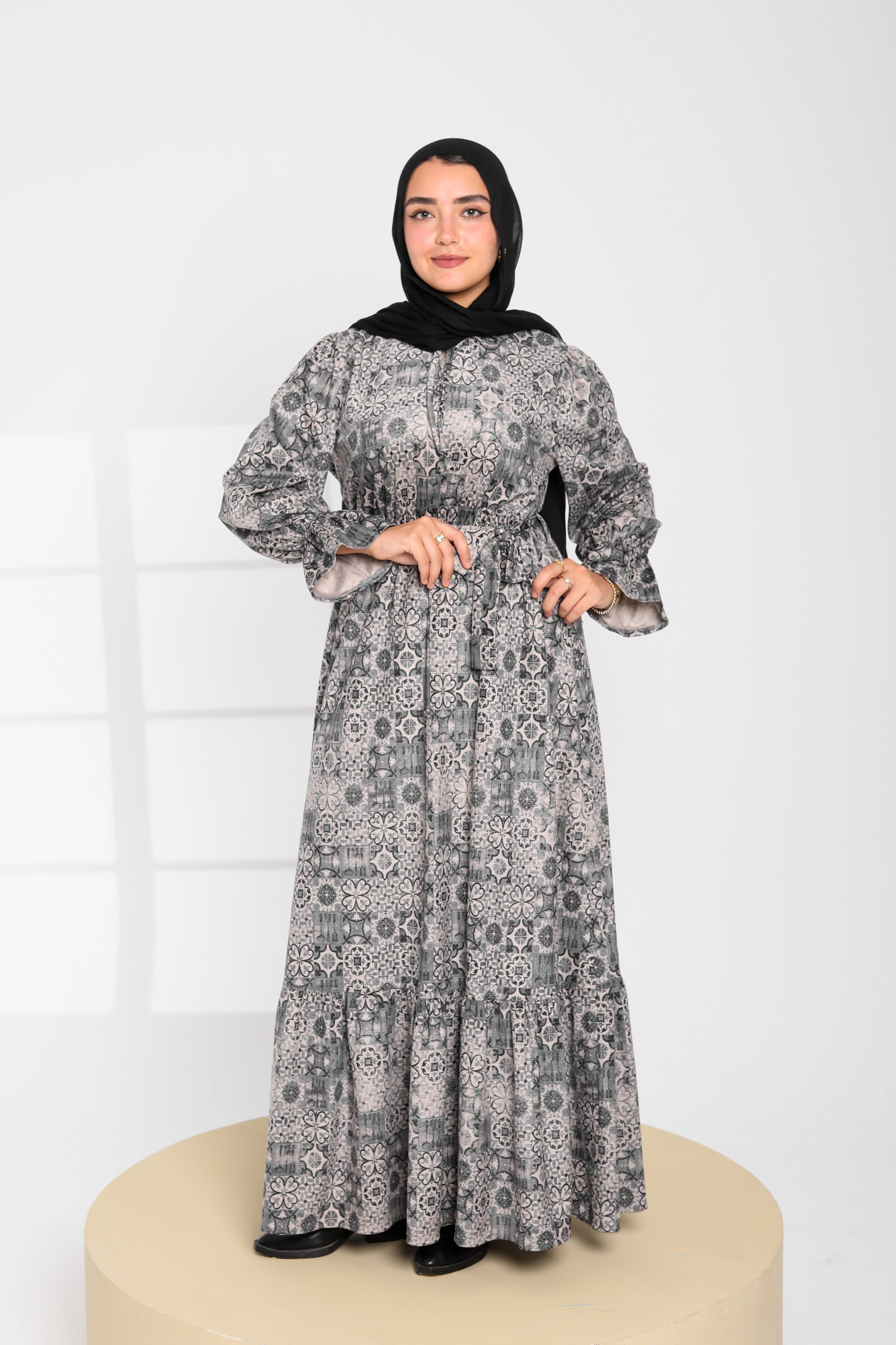Grey Printed Modest Maxi Dress