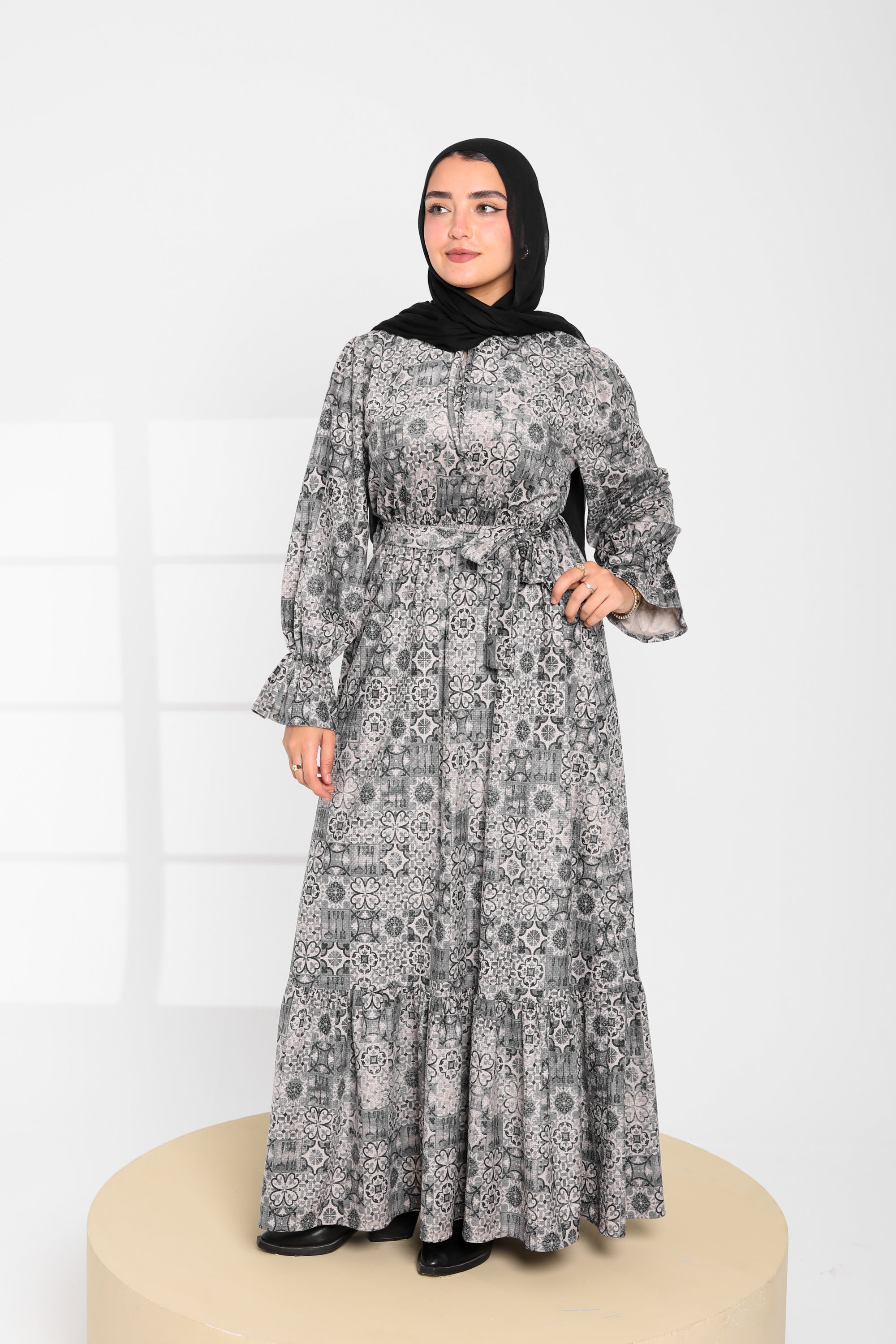 Grey Printed Modest Maxi Dress