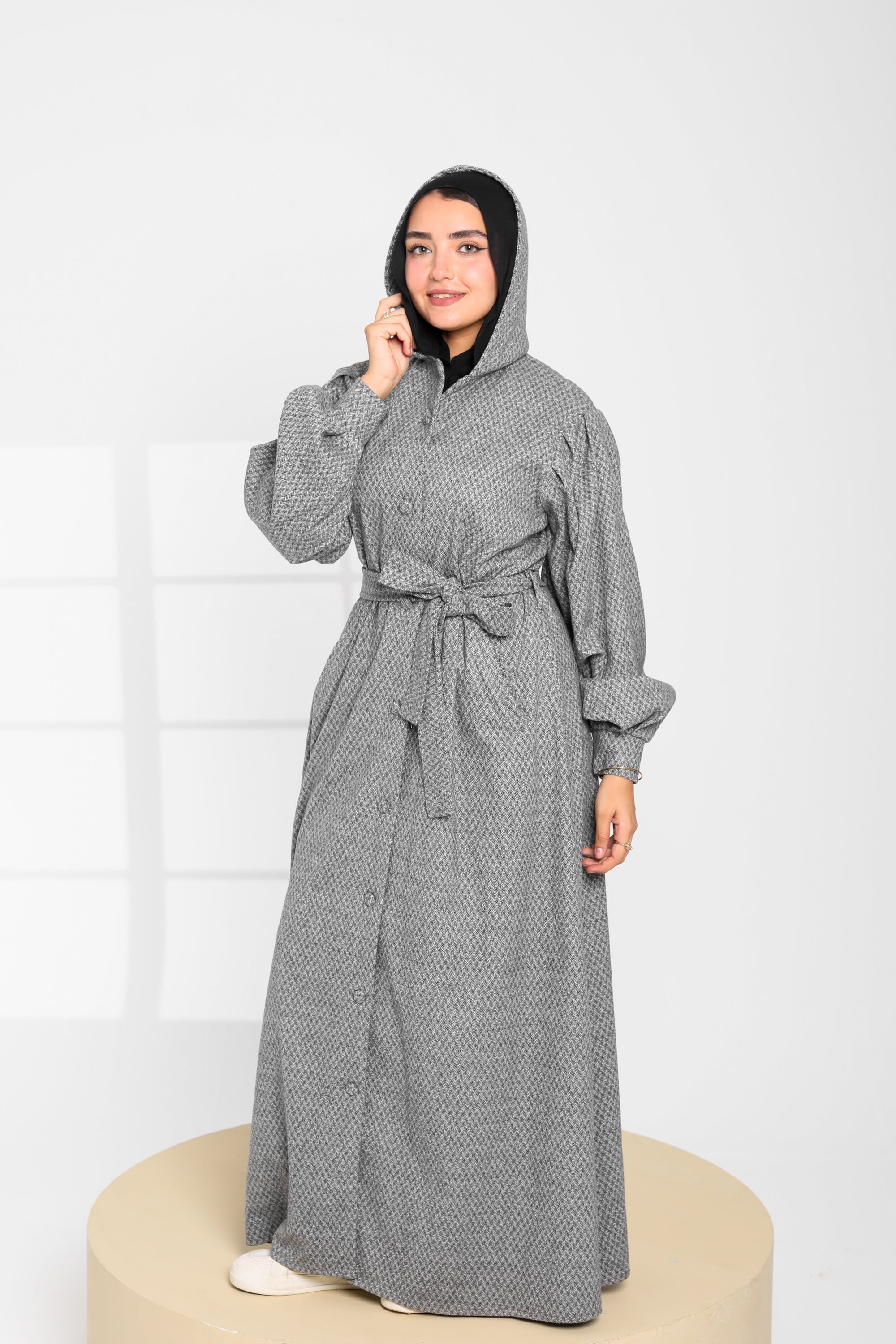 Grey Textured Hooded Maxi Dress
