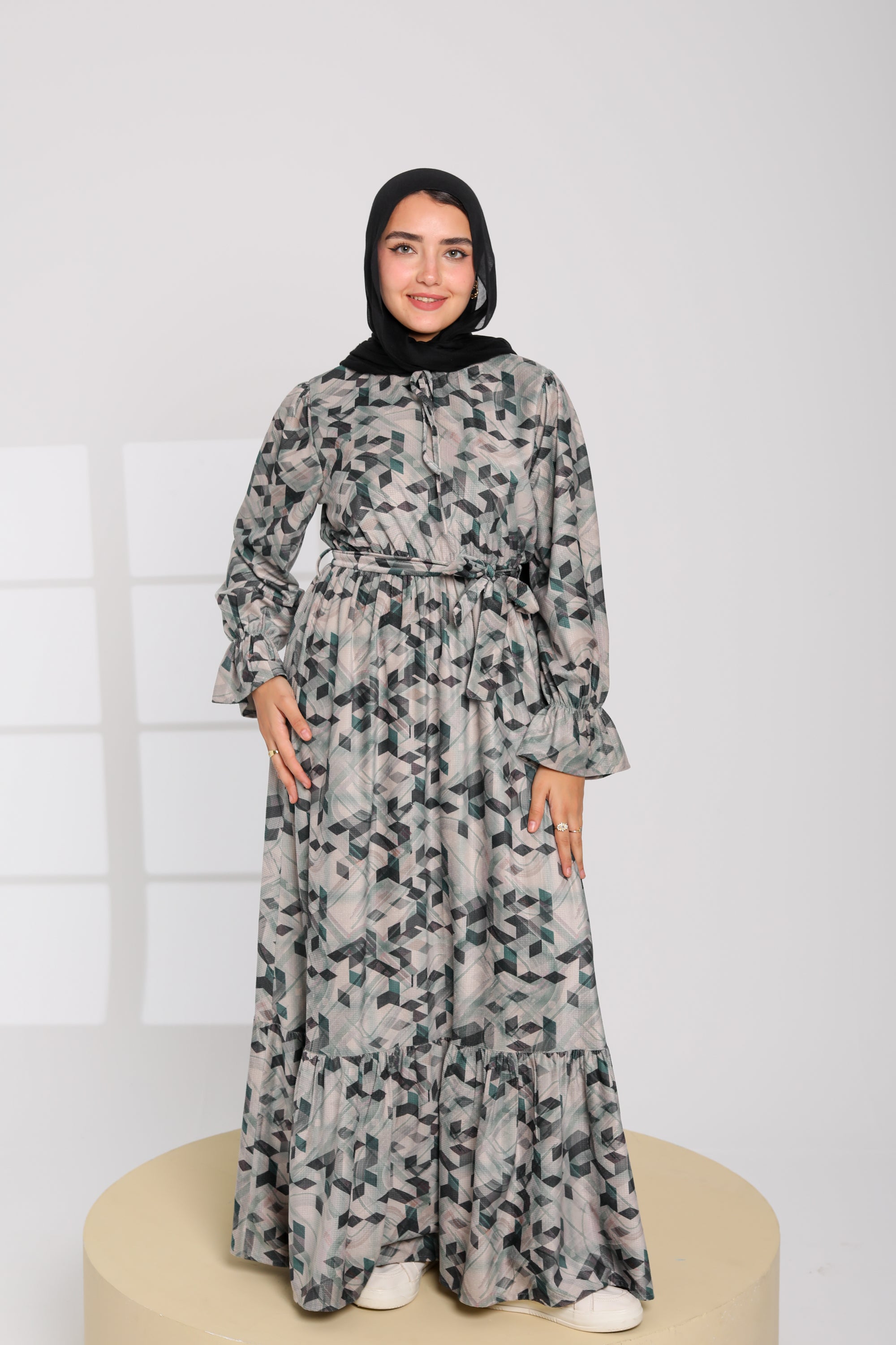 Geometric Print Modest Maxi Dress