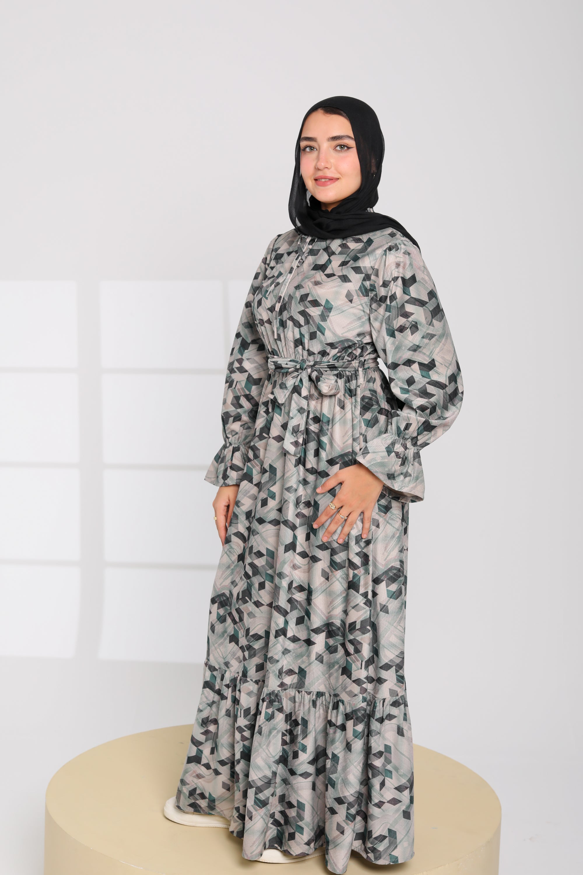 Geometric Print Modest Maxi Dress