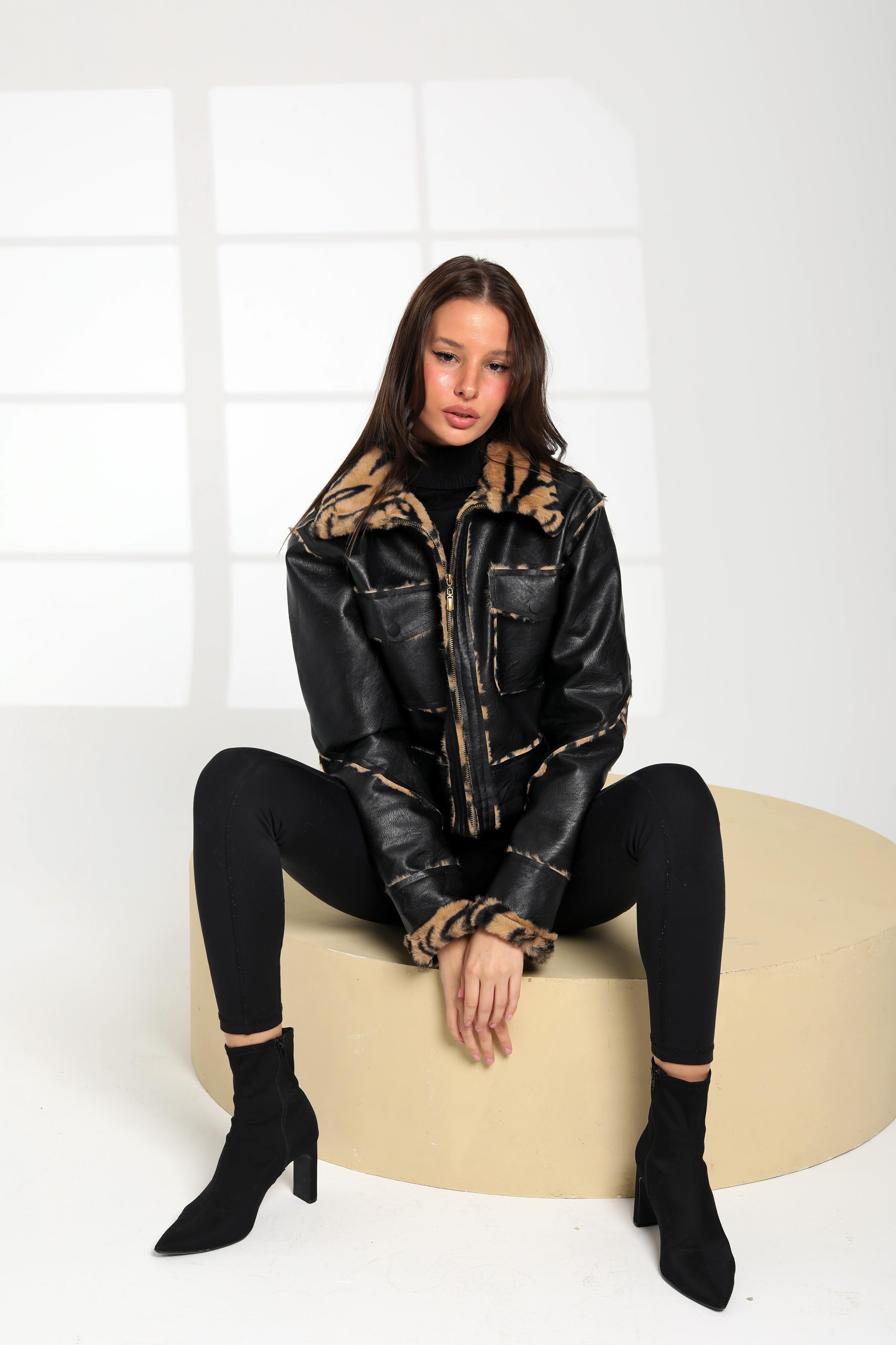 Faux Fur Collar Leather Jacket